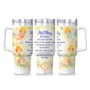 Inspirational - 40oz Travel Mug Stainless-Steel with Handle & Straw - Hail Mary Full of Grace
