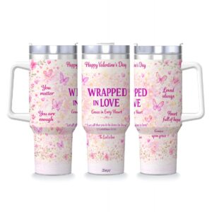 Wrapped in Love 40 oz Valentine’s Day Inspirational Tumbler with Handle & Straw – Grace in Every Heart