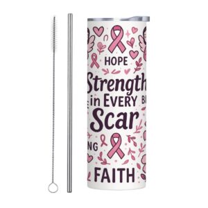 Strength in Every Scar 20 oz Slim Cancer Awareness Tumbler with Straw & Straw Brush